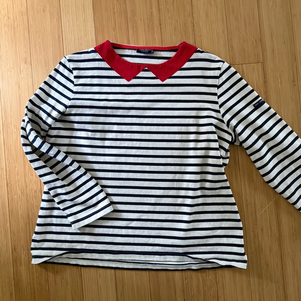 Saint James L’Atelier Breton Striped Shirt with Red Collar Detail